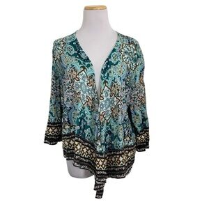 Chico’s Open Front Paisley Cardigan Sweater Size XL 3/4 Sleeves Cotton Rayon